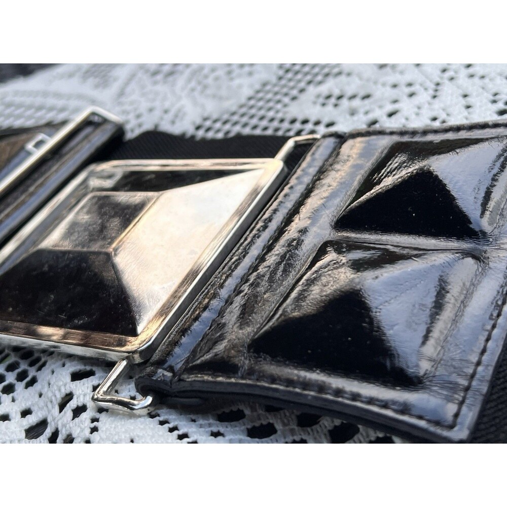 Vintage 1980s Wide Elastic Waist Belt Silver Geometric Buckle Black Patent Glam - Picture 4 of 8